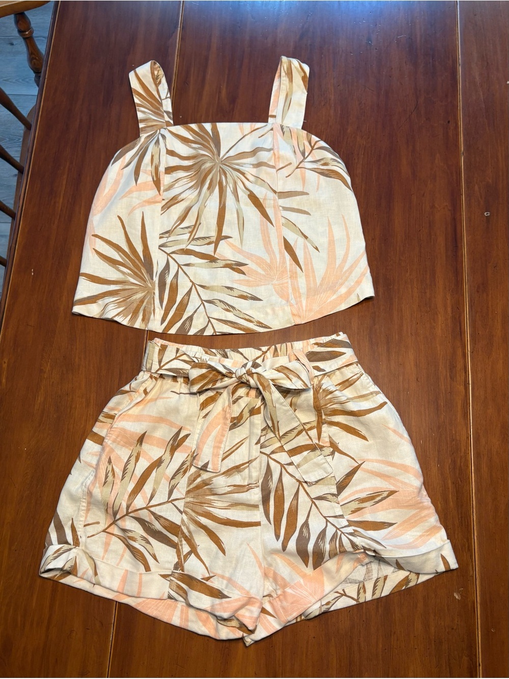 Women's Tropical Leaf Two-Piece Short Set - Cream & Brown